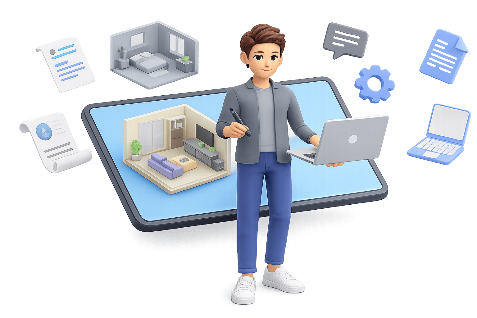 3D professional holding a laptop